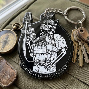 Tactical Skeleton Keychain, Oderint Dum Metuant Keyring, Military Operator Bag Charm, Veteran Gift for Men, Airsoft Tag, Range Bag Charm