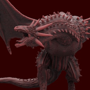 May include: A detailed, reddish-brown dragon sculpture with open mouth, sharp teeth, and large wings. The dragon has a spiky back and a textured body, set against a dark red background. The creature appears to be roaring.