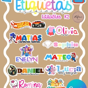 Puede incluir: Una colección de etiquetas escolares coloridas y personalizables con varios personajes de dibujos animados y nombres como Lucas, Olivia, Matias, Sophia, Evelyn, Mateo, Daniel, Lucia, Romina y Andres, incluyendo iconos de cuaderno y mochila.