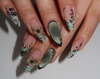 Unhas postiças personalizadas, mármore verde e conjunto de unhas com flores - Unhas postiças exclusivas com estampa animal, manicure moderna e elegante, decoração de unhas para festivais.
