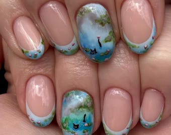 Unhas personalizadas com gato na lagoa – Unhas postiças pintadas à mão, francesinha aquarela, design fofo de animal