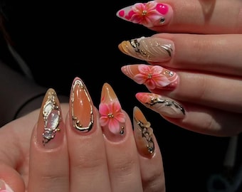 Unhas postiças florais 3D personalizadas, arte com flor rosa e folha de ouro, conjunto de manicure reutilizável pintado à mão, unhas postiças de acrílico de luxo.