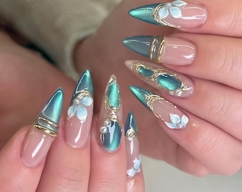 Niestandardowe, turkusowe, kocie oko, prasowane paznokcie, trójwymiarowy, złoty drut, futurystyczny i elegancki zestaw zdobień paznokci