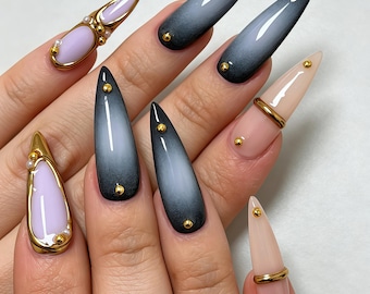 Custom Smoky Gradient Press On Nails, Lavender Inlay & Gold Stud Accents, Gloss Reusable Luxury Fake Nails