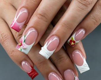 Unhas postiças personalizadas, francesinha rosa degradê com flores 3D, unhas postiças brilhantes e reutilizáveis, kit de manicure elegante para mulheres.