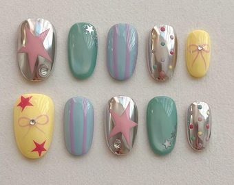 Impression faite main sur les ongles, décoration d'ongles étoiles, ongles amandes Vichy pastel, ongles en amande, ongles français, occasions spéciales, cadeau maman
