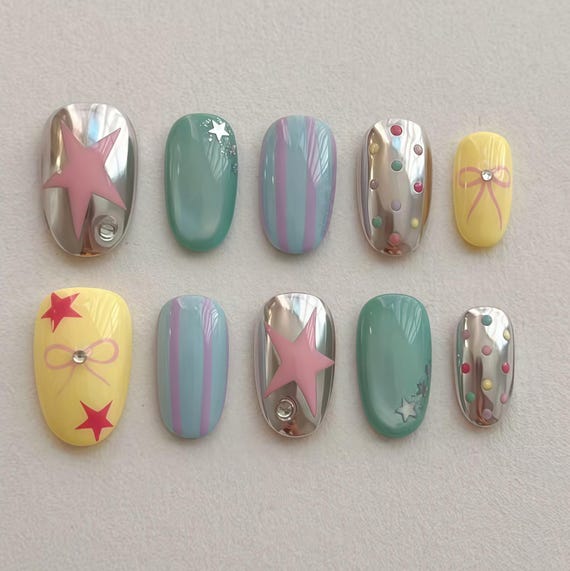 Handmade Sppress on nails ,Star Nail Art, Pastel Gingham Almond Nails,Almond Nails,French nails ,Special Occasions,mom Gift