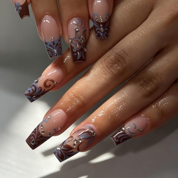Custom Press On Nail, Coffee Blue Vintage Swirl Floral, Clear Rhinestone Two Tone Glossy Handcrafted Daily False Nails