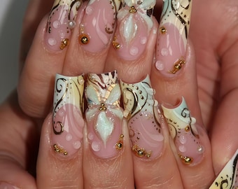 Custom Press on Nails Tropical Flower Green Pink Nails–3D Blooms, Dew Drops, Nature-Inspired Nail Art, Vibrant Summer Manicure with Sparkle