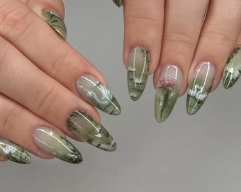 Unhas Postiças Personalizadas Serene Swan Lake: Unhas em Degradê Verde Oliva com Cisnes e Lótus Pintados à Mão, Arte Etérea da Natureza para uma Elegância Discreta.