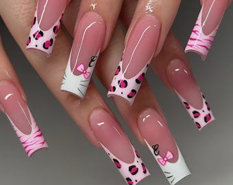 Custom Press on Nails Kitty Leopard Nails – Pink Zebra & Spot Prints, Bow Accent, Y2K Style Press-Ons for Girls