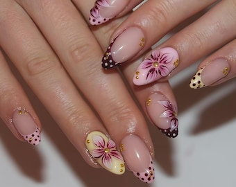 Uñas postizas personalizadas, uñas rosas con lunares y flores - Lindas uñas postizas florales en 3D, manicura dulce para niña, decoración de uñas para uso diario
