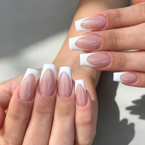 Custom Classic French Tip Press on Nail – Long Square Shape with Clean White Edge, Timeless & Sophisticated Look