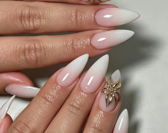 Custom Press On Nail, Pink White Ombre Nails, Gold Metal Flower Charms, Minimalist Luxury Handcrafted Reusable False Nails