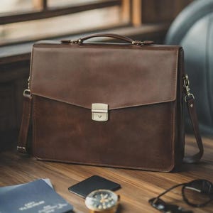 May include: A brown leather briefcase with a silver clasp, handle, and shoulder strap. The briefcase is on a wooden surface with a watch, sunglasses, and a passport. The briefcase measures approximately 16 inches wide.