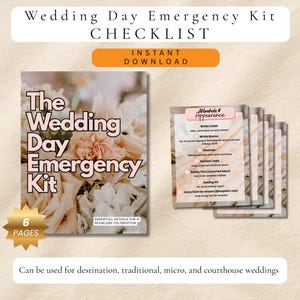 May include: A wedding day emergency kit checklist with the text "The Wedding Day Emergency Kit" on the cover. The checklist includes items like white chalk, gloves, steamer, fashion tape, safety pins, sewing kit, and an extra shirt for the groom.
