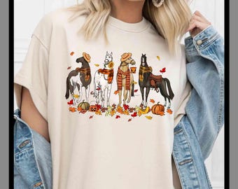 Camisetas con caballos de otoño / Sudadera unisex con capucha / Estampado DTF premium / Estética retro vintage / Regalo / TE59