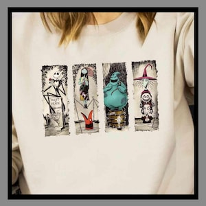 K&ouml;nnte beinhalten: Cremefarbenes Sweatshirt mit einem rechteckigen Grafikdesign mit Charakteren aus The Nightmare Before Christmas. Die Grafik zeigt Jack Skellington, Sally, Oogie Boogie und weitere Charaktere in einer Schwarz-Wei&szlig;-Illustration.