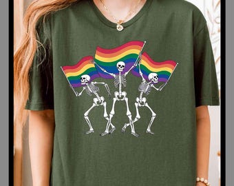 Drapeau arc-en-ciel LGBT squelettes | T-shirt unisexe sweat à capuche barboteuse | Impression DTF premium | Esthétique vintage rétro | Cadeau| TE459