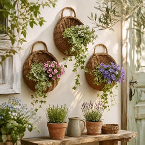 Woven Wall Planter – Wall Hanging Wicker, Boho Garden Decor, Vintage Plant Holder, Indoor Flower Basket, Patio Planter