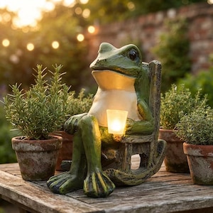 Pode incluir: Uma estatueta de sapo verde sentada numa cadeira de balanço, com o peito de cor creme e segurando uma pequena lanterna branca translúcida que emite uma luz quente. O sapo tem olhos escuros e pele texturizada, posicionada numa superfície de madeira.
