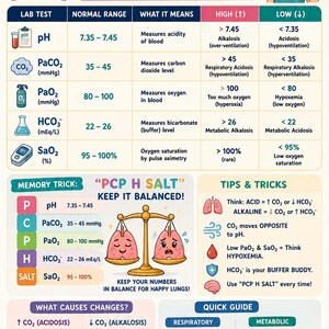 May include: An educational infographic titled Respiratory Lab Values featuring a table of pH, PaCO2, PaO2, HCO3, and SaO2 levels. It includes a memory trick PCP H SALT, a balance scale with lungs, tips, and a quick guide on respiratory and metabolic causes.