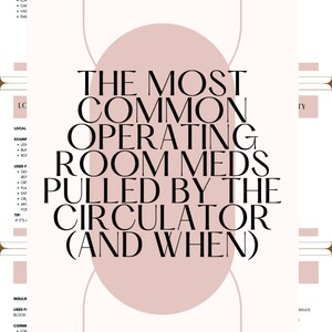 May include: A medical reference sheet titled "THE MOST COMMON OPERATING ROOM MEDS PULLED BY THE CIRCULATOR (AND WHEN)". The design is in shades of pink and white, with text detailing medications and their uses.