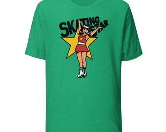 May include: A bright green short-sleeve t-shirt featuring a graphic of a person on roller skates in front of a large yellow star. The text "SKATING STAR" is printed in bold black letters above the figure, who wears a red outfit with a star.