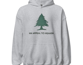 May include: A light gray hoodie with a front pocket and a hood. The front of the hoodie features a green tree graphic and the text "AN APPEAL TO HEAVEN" in black.