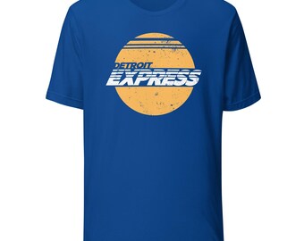 Könnte beinhalten: Königsblaues T-Shirt mit einem orangefarbenen Kreis im Used-Look und horizontalen Streifen. Der Text "DETROIT EXPRESS" ist weiß gedruckt. Ein lässiges T-Shirt für den Alltag.