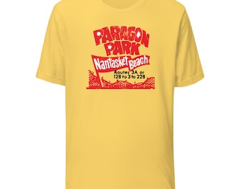 May include: A yellow t-shirt with a red graphic featuring the words "Paragon Park Nantasket Beach." Below the text is a roller coaster illustration and the text "Routes 3A or 128 to 3 to 228."