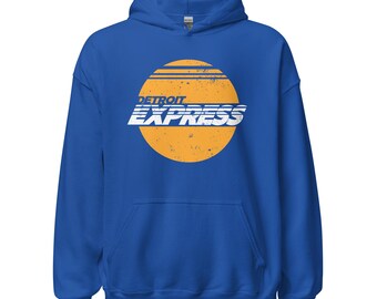 Könnte beinhalten: Ein königsblaues Kapuzensweatshirt mit dem Text "DETROIT EXPRESS" in Weiß, vor einem gelb-orangen kreisförmigen Design. Das Sweatshirt hat eine Vordertasche und eine Kapuze mit Kordelzug.