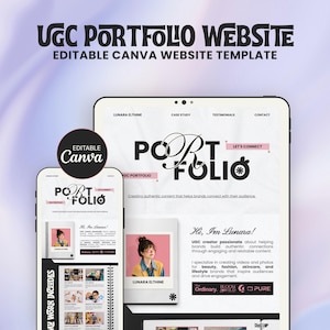 Może przedstawiać: Cyfrowy szablon strony internetowej z portfolio UGC zaprojektowany dla Canva, wyświetlany na ekranie tabletu i smartfona. Układ zawiera tekst Portfolio, Lunara Elthine oraz sekcje dotyczące studiów przypadków i kontaktu.