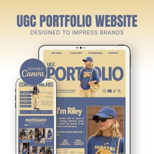 Puede incluir: Una plantilla digital para un sitio web de portafolio UGC con un esquema de colores azul y crema. El diseño incluye secciones para trabajos, estudios de caso, testimonios e información de contacto, con elementos y texto editables en Canva.