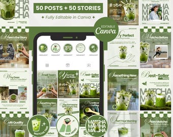 Matcha Instagram Templates Canva | Cafe Coffee Shop Posts Stories Highlight Covers