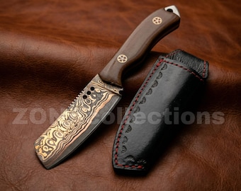 Cuchillo de caza de espiga completa de acero damasco de cobre con mango de madera y funda de cuero, cuchillo de camping, herramienta para actividades al aire libre, regalo para él, regalo de cumpleaños