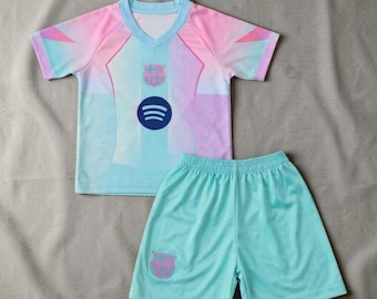 Ensemble maillot de football Barcelonaa bleu pour enfants et adultes - Ensemble de football à col en V, uniforme de sport avec short, tenue d'entraînement unisexe