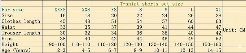 May include: A size chart for T-shirt shorts sets, with measurements in centimeters. The chart includes sizes from XXXS to XL, detailing clothes length, waist, trouser length, hips, height, and age range in years.