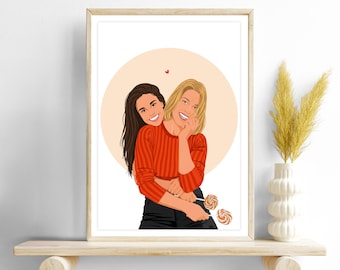 Custom Friend Portrait: Personalized Birthday Gift for Sister, Cartoon Illustration, Drawing from Photo