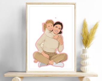 Custom Cartoon Portrait: Personalized Birthday Gift for Her, Family Drawing Illustration