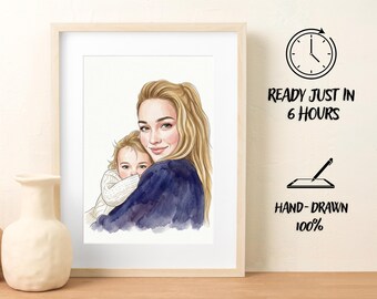 Custom Watercolor Portrait: Personalized Mothers Day Gift, Portrait from Photo