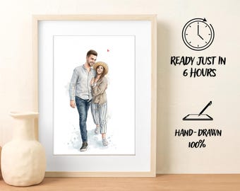 Custom Couple Portrait: Watercolor Illustration From Photo, Birthday Gift for Him