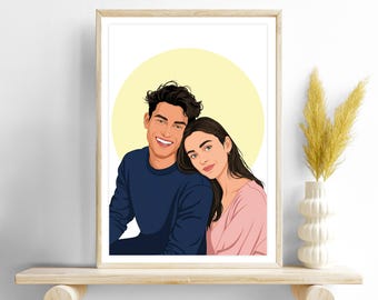 Custom Couple Portrait, Personalized Anniversary Gift for Him, Couple Illustration Drawing