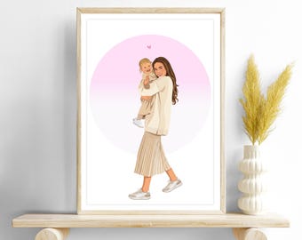 Custom Family Portrait: Personalized Mother's Day Gift, Drawing from Photo, New Mom, Hand Drawn