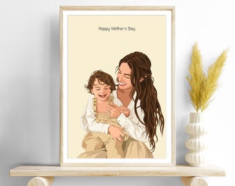 Custom Cartoon Portrait, Personalized Gift for Mom, Family Illustration, Drawing from Photo