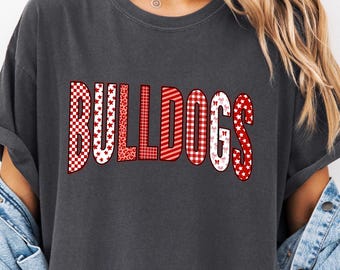 Bulldogs Mascot Shirt, Patterned School Spirit Tee, Comfort Colors Tee, Bulldogs Team Shirt, Red Mascot Graphic Tee, School Pride Shirt