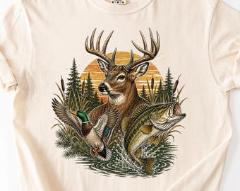 Deer Duck Bass Shirt, Hunting Fishing Shirt, Outdoor Wildlife Tee, Comfort Colors Shirt, Mens Hunting Shirt, Sunset Nature Tee