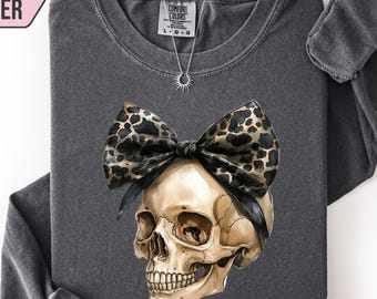 Bluza z kokardą i czaszką, koszula z kokardą w panterkę, bluza z okrągłym dekoltem z czaszką na Halloween, modna bluza z czaszką, jesienna koszulka w wygodnych kolorach