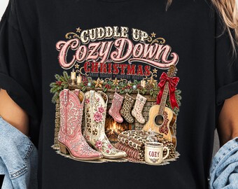Cuddle Up Cozy Down Christmas Shirt, Western Cowgirl Boots Fireplace Tee, Country Christmas T-Shirt, Cozy Holiday Gift