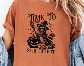 Stir The Pot Shirt, Raccoon Witch Halloween Crewneck, Comfort Colors Funny Fall Shirt, Witch Raccoon Cauldron Top, Cute Animal Halloween Tee